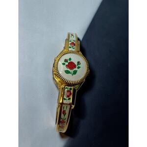 Gold Floral Bangle Analog Dress Wristwatch Round White Dial Metal 1950-70 6in